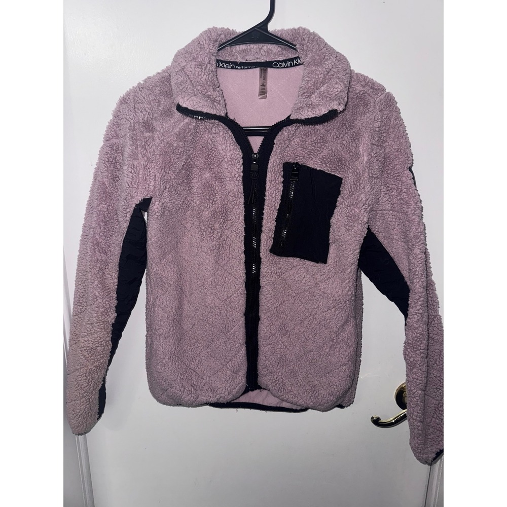 Calvin Klein Performance Womens XS Sherpa Fleece Full Zip Jacket Pink Black